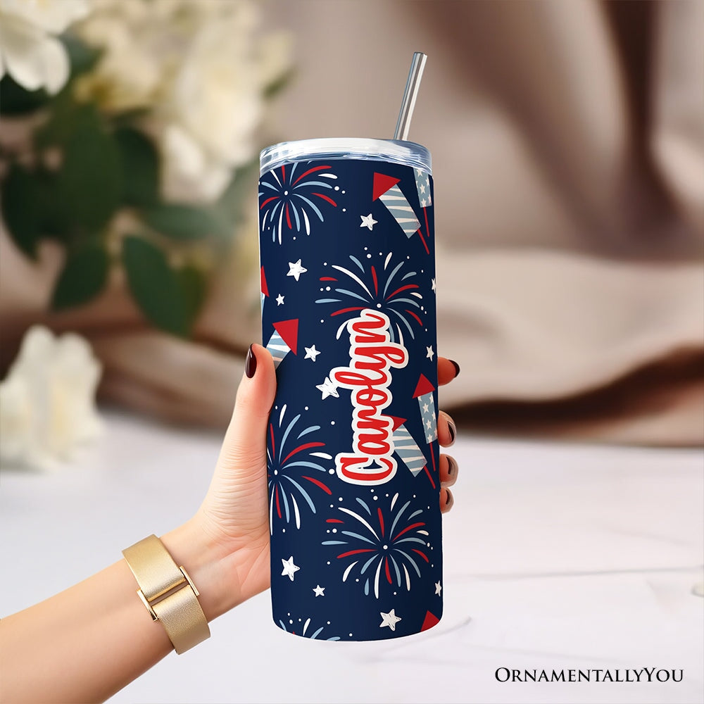 Fireworks USA Block Letters 20oz Personalized Tumbler With Lid and Stainless Steel Straw, Vintage July 4th Patriotic Gift Cup