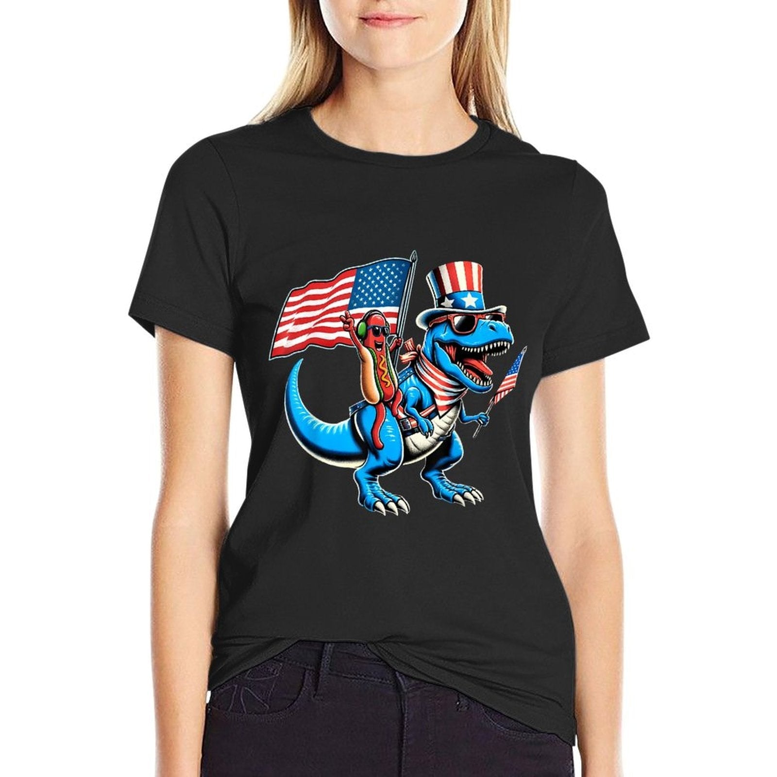 Hotdog TRex Dinosaur 4th of July Amerisaurus Toddler Boy Kid  Ribbed Collar T-Shirt